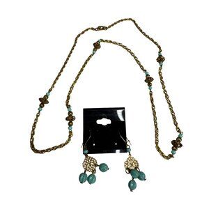 Gold Chain Necklace Drop Earrings Set Faux Turquoise Beads Vintage-Inspired